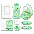 Mint green baby bedding set with carry nest, mosquito net, pillows and cloud print