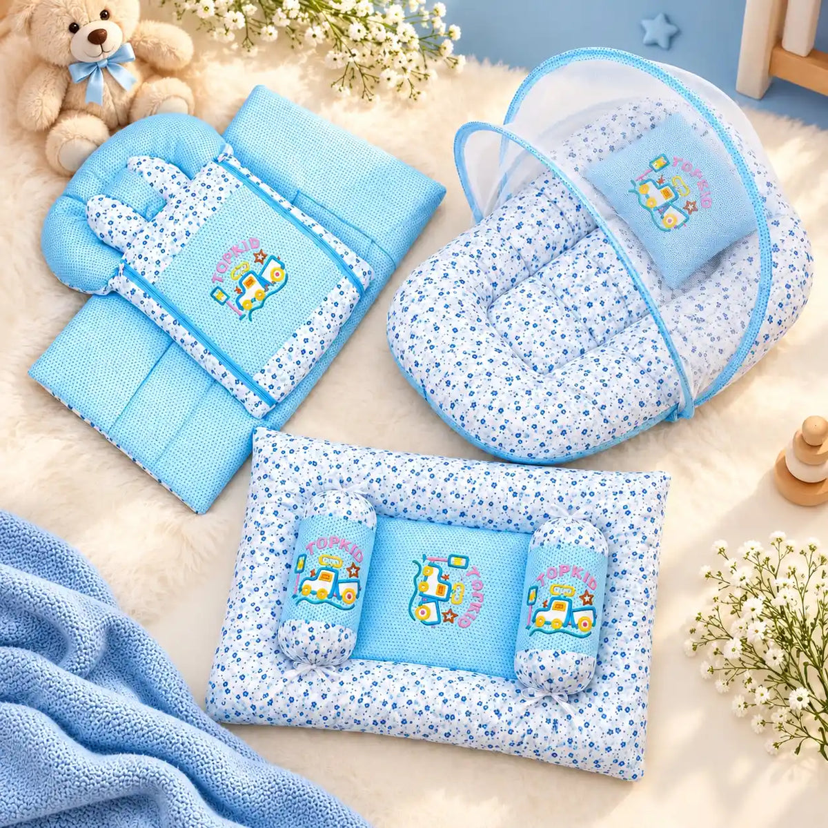 Flower Blue 8-Piece Baby Bedding Set with Mosquito Net and Carry Nest