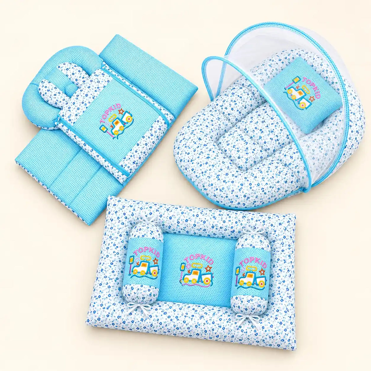 Flower Blue Baby Bedding Set with Mosquito Net, Carry Nest, Mattress and Pillows