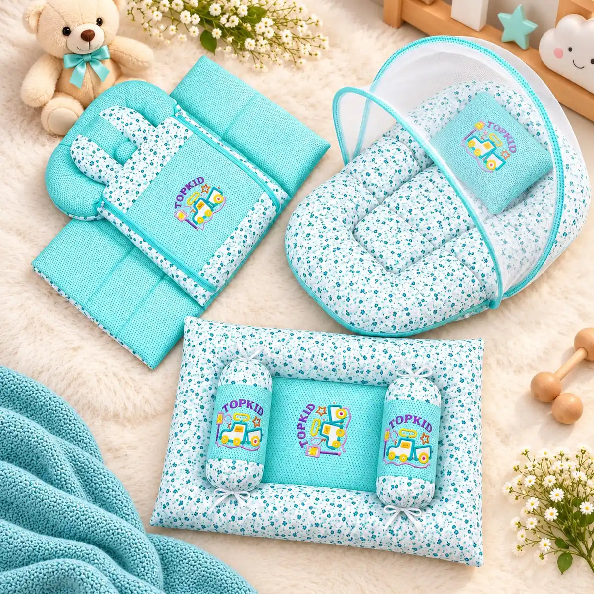 Flower Aqua Green 8-Piece Baby Bedding Set with Mosquito Net and Carry Nest