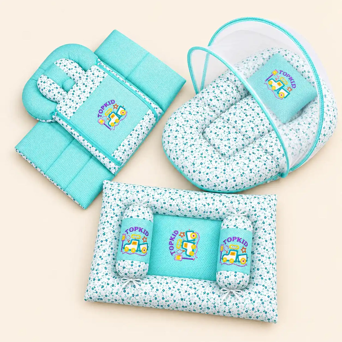 Flower Aqua Green Baby Bedding Set with Mosquito Net, Carry Nest, Mattress and Pillows