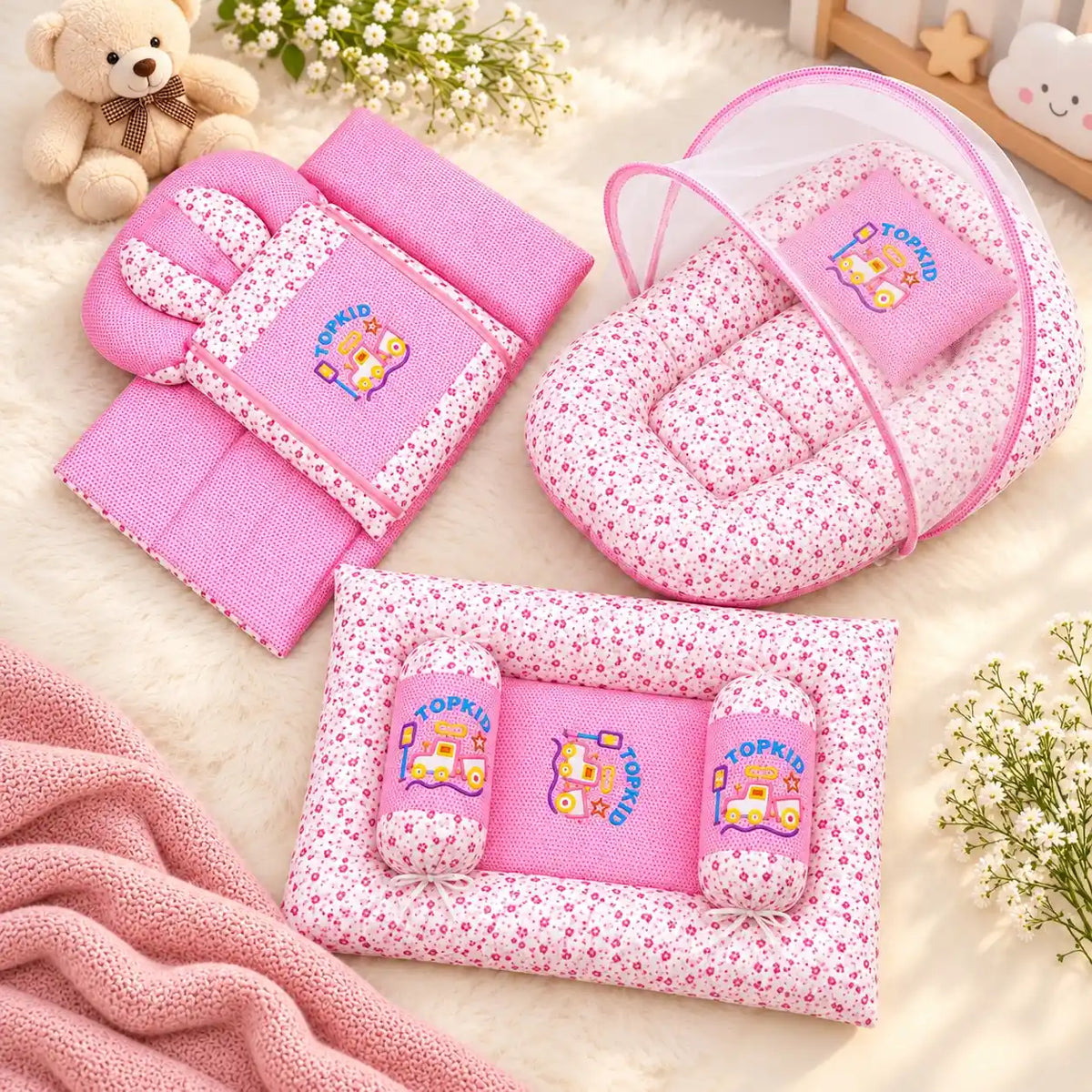 Flower Pink 8-Piece Baby Bedding Set with Mosquito Net and Carry Nest