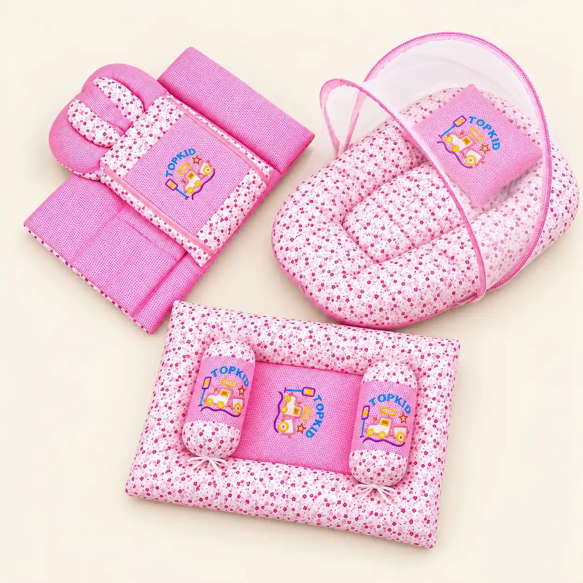 Flower Pink Baby Bedding Set with Mosquito Net, Carry Nest, Mattress and Pillows