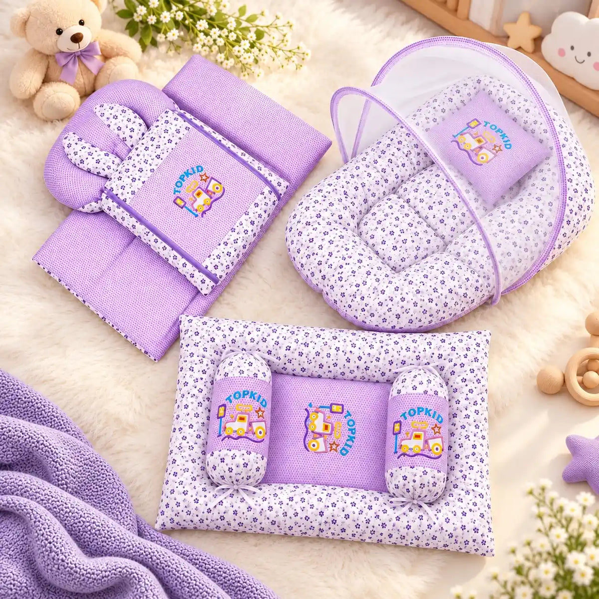 Flower Purple 8-Piece Baby Bedding Set with Mosquito Net and Carry Nest