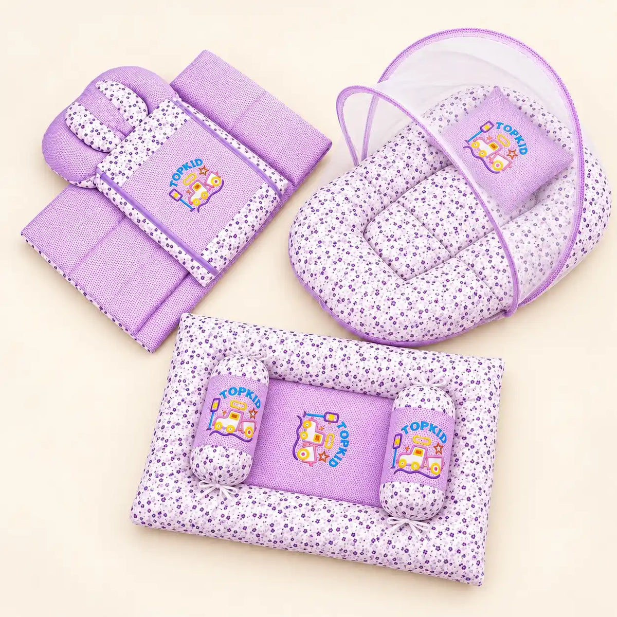 Flower Purple Baby Bedding Set with Mosquito Net, Carry Nest, Mattress and Pillows