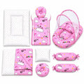 Pink baby bedding set with carry nest, mosquito net, pillows and cloud print