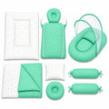 8 pcs green polka dot baby bedding set with mosquito net, mattress, sleeping bag, blanket, pillows and side bolsters
