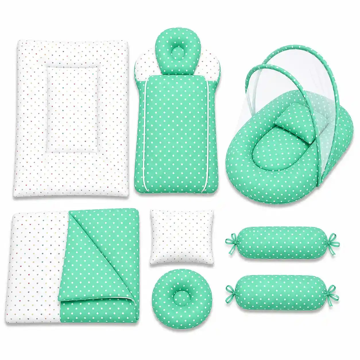 8 pcs green polka dot baby bedding set with mosquito net, mattress, sleeping bag, blanket, pillows and side bolsters