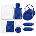 8 pcs dark blue polka dot baby bedding set with mosquito net, mattress, sleeping bag, blanket, pillows and side bolsters