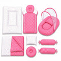 8 pcs pink polka dot baby bedding set with mosquito net, mattress, sleeping bag, blanket, pillows and side bolsters