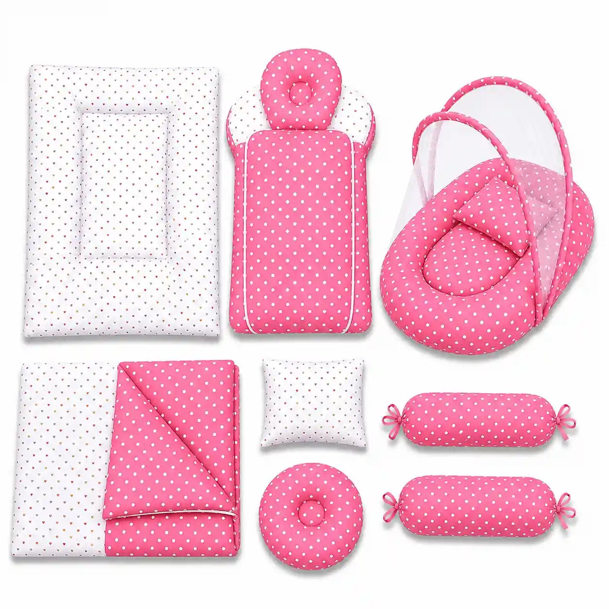 8 pcs pink polka dot baby bedding set with mosquito net, mattress, sleeping bag, blanket, pillows and side bolsters