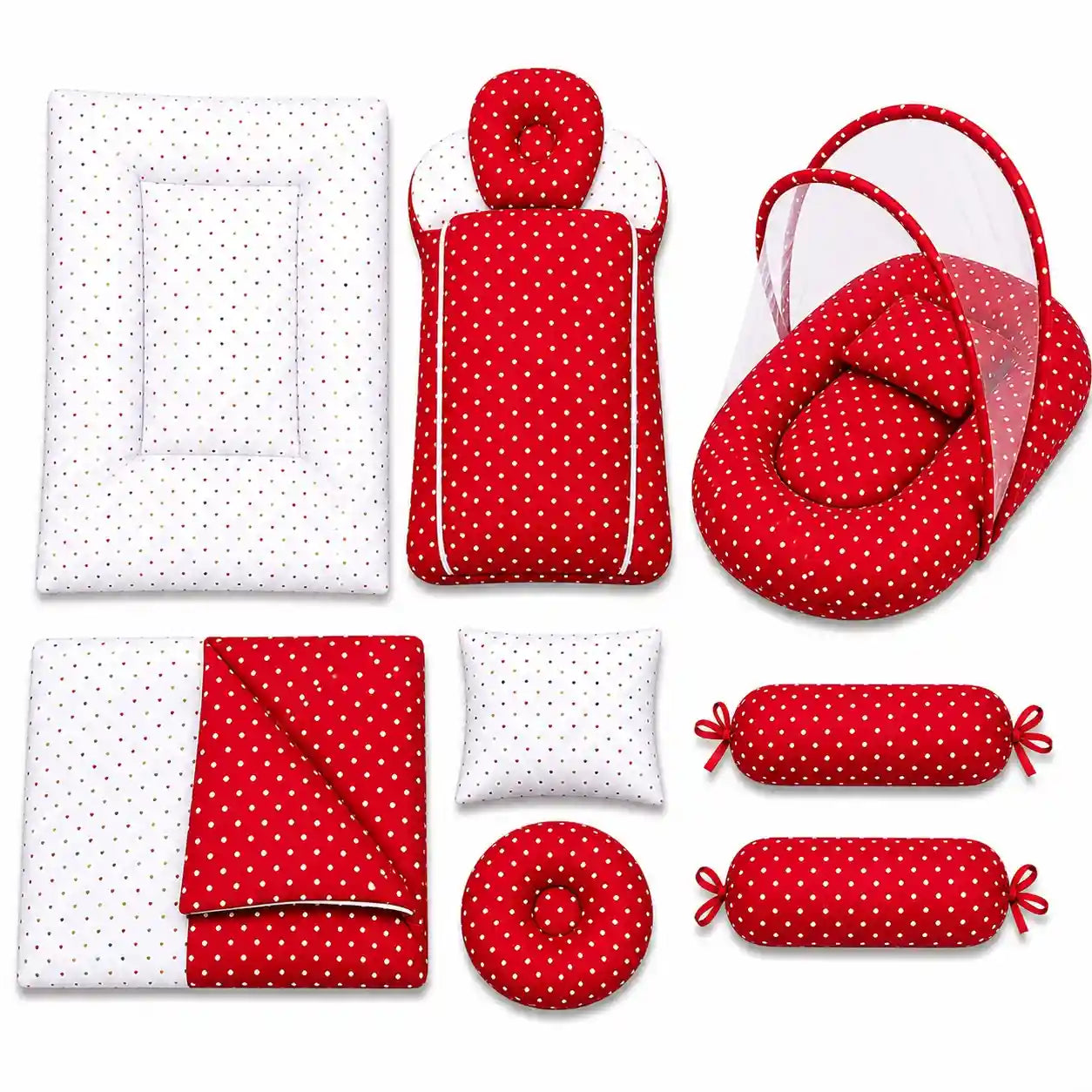 8 pcs red polka dot baby bedding set with mosquito net, mattress, sleeping bag, blanket, pillows and side bolsters