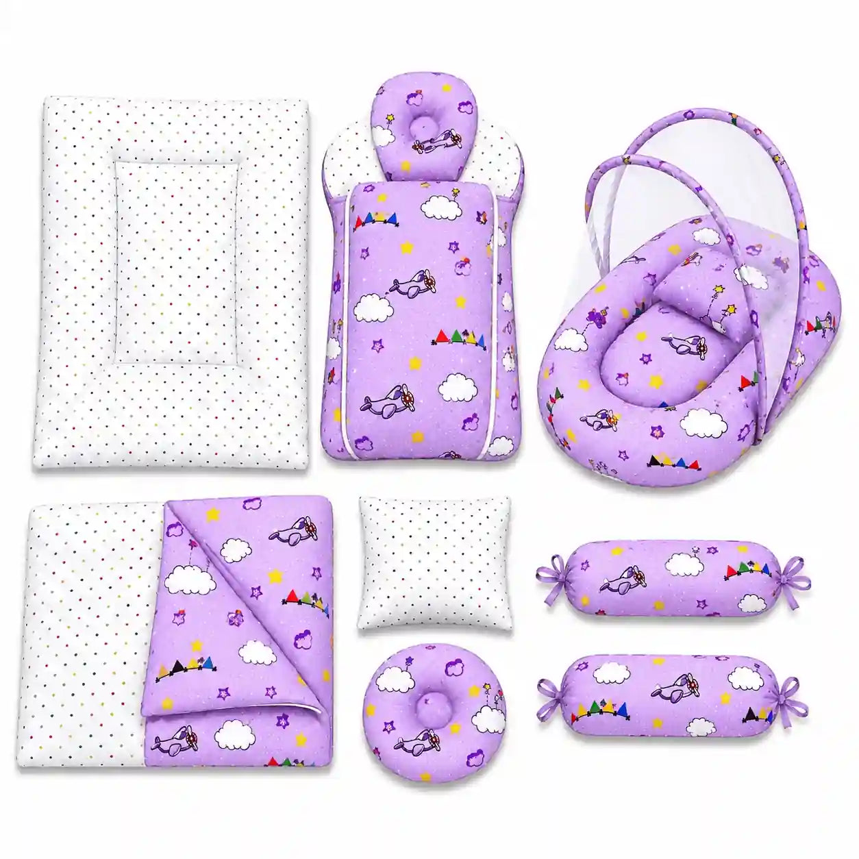 Purple baby bedding set with carry nest, mosquito net, pillows and cloud print