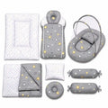 8 pcs grey baby bedding set with mosquito net, mattress, sleeping bag, blanket, pillows and side bolsters