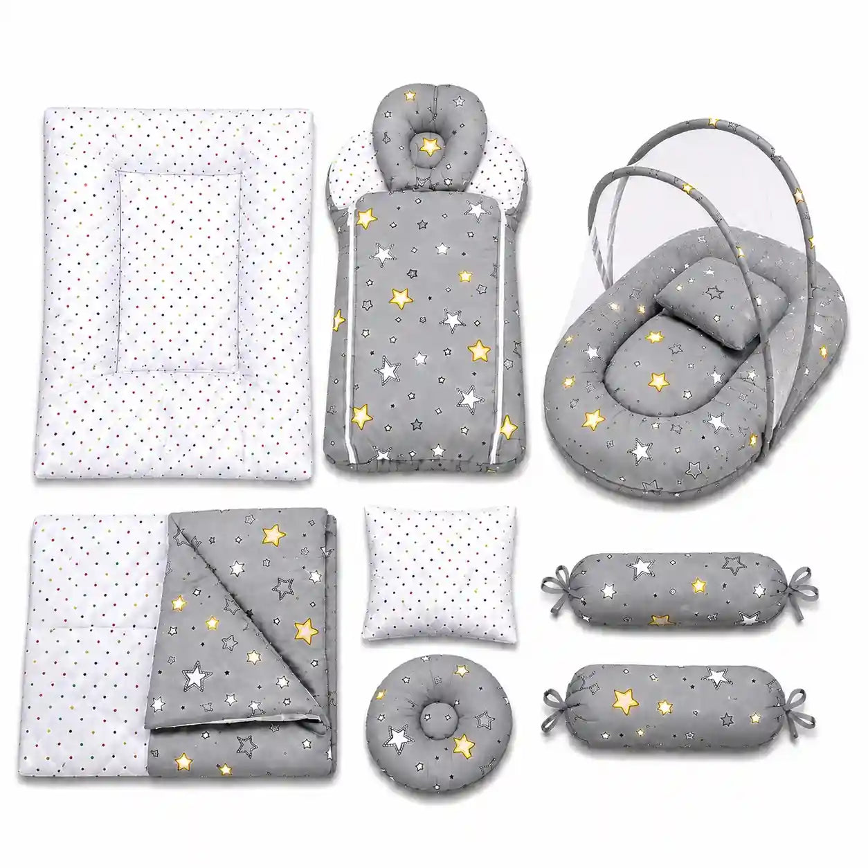 8 pcs grey baby bedding set with mosquito net, mattress, sleeping bag, blanket, pillows and side bolsters