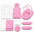 8 pcs pink star baby bedding set with mosquito net, mattress, sleeping bag, blanket, pillows and side bolsters