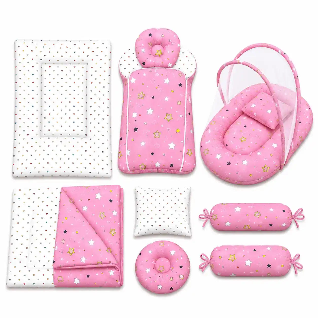 8 pcs pink star baby bedding set with mosquito net, mattress, sleeping bag, blanket, pillows and side bolsters