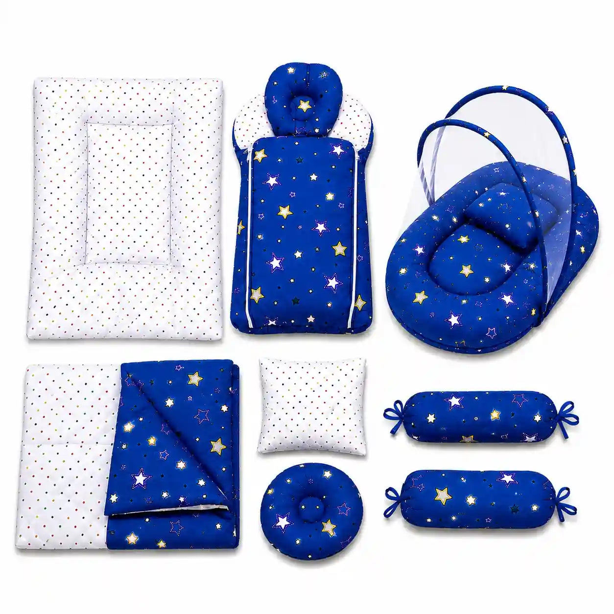 8 pcs blue star baby bedding set with mosquito net, cotton cover, mattress, sleeping bag, blanket and pillows