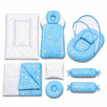8 pcs sky blue star baby bedding set with mosquito net, mattress, sleeping bag, blanket, pillows and side bolsters