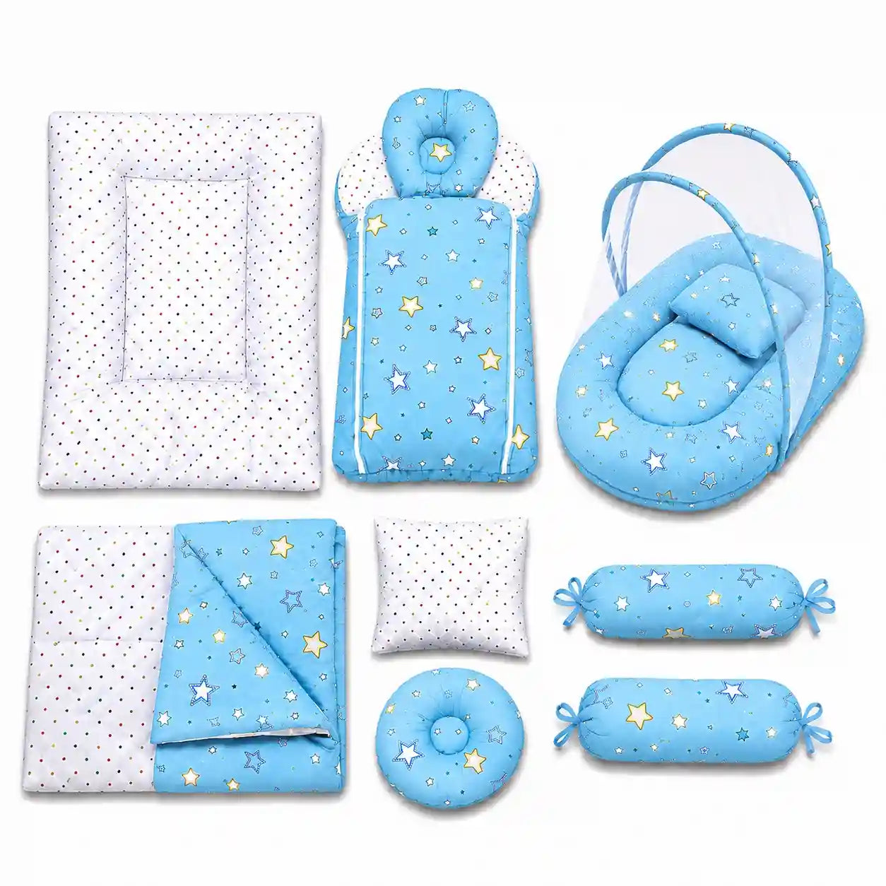 8 pcs sky blue star baby bedding set with mosquito net, mattress, sleeping bag, blanket, pillows and side bolsters