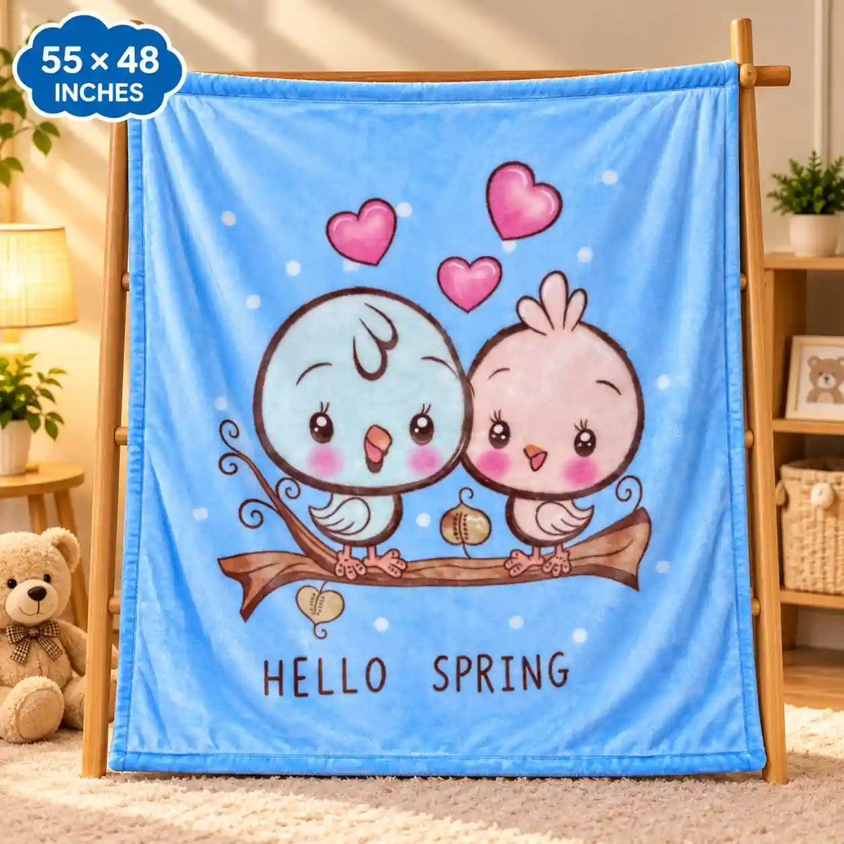 Double Ply Large Size Cute Birds Blue Baby Blanket 55 × 48 Inches
