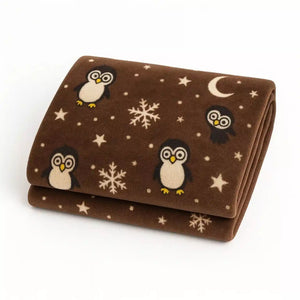 Brown fleece penguin and snowflake print baby wrapping blanket, 33 x 29 inches