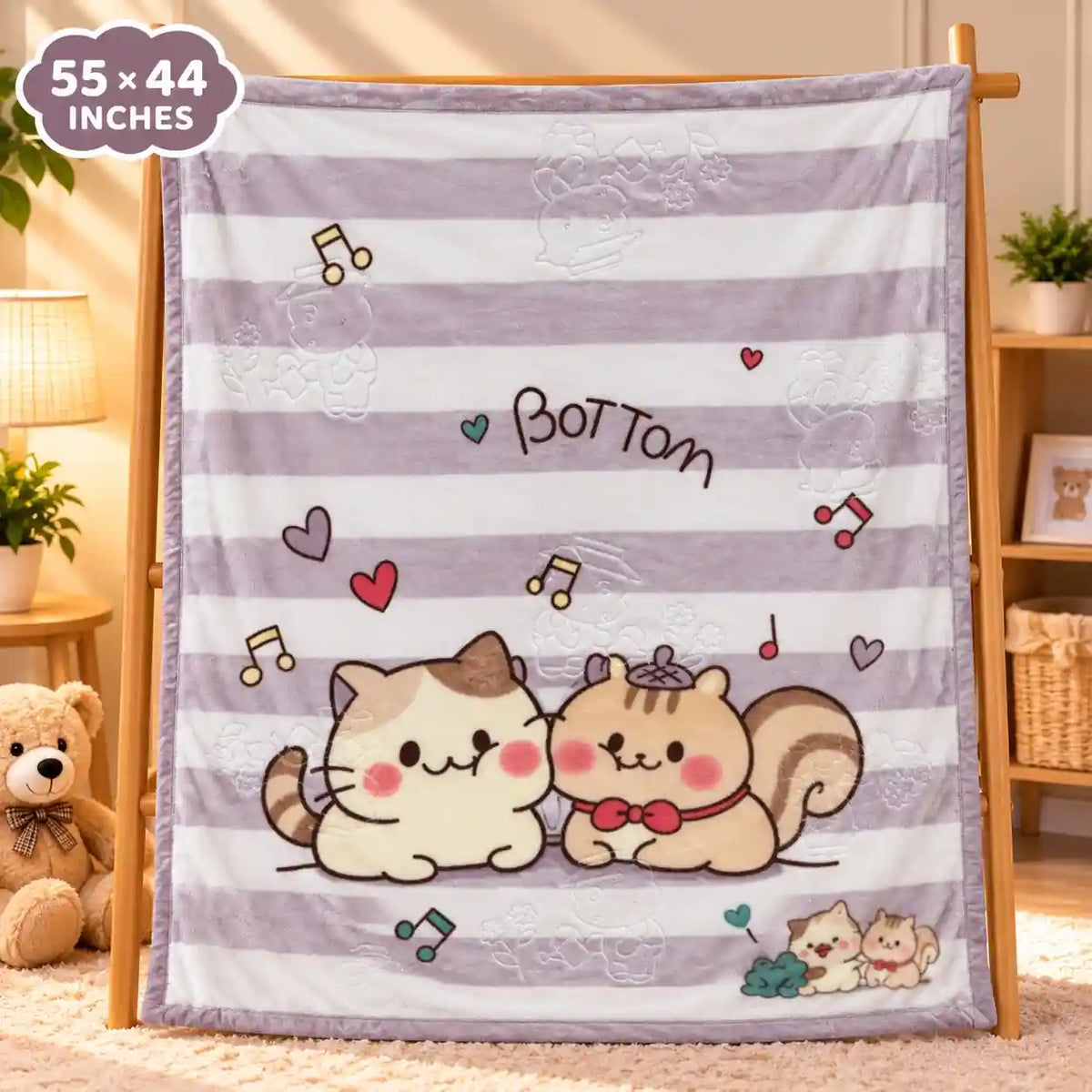 Double Ply Large Size Cute Cats Grey Baby Blanket 55 × 44 Inches