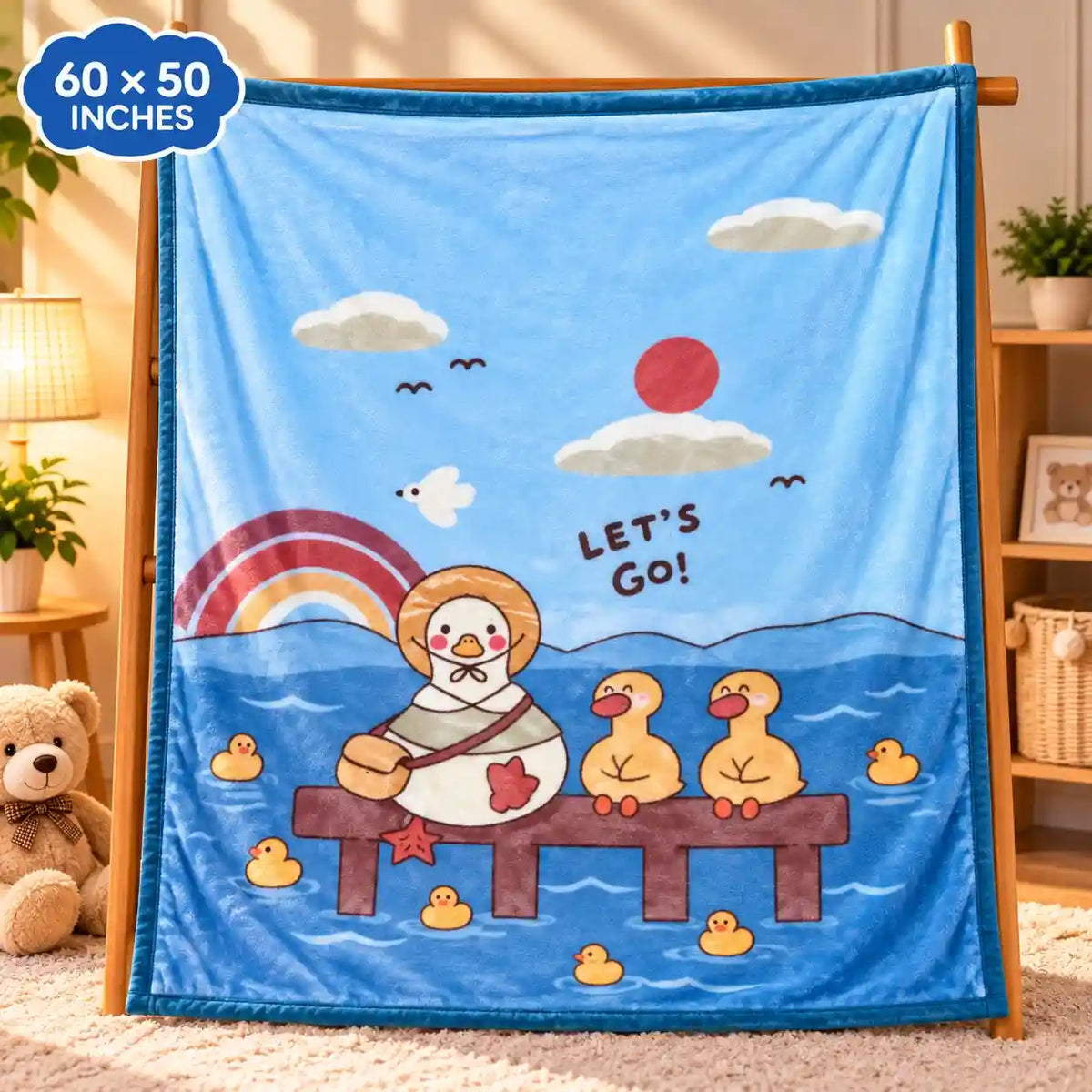 Double Ply Large Size Cute Duck Blue Baby Blanket 60 × 50 Inches