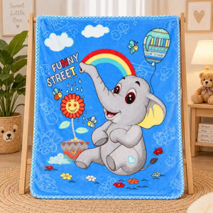 Blue baby blanket with cute elephant rainbow and floral print