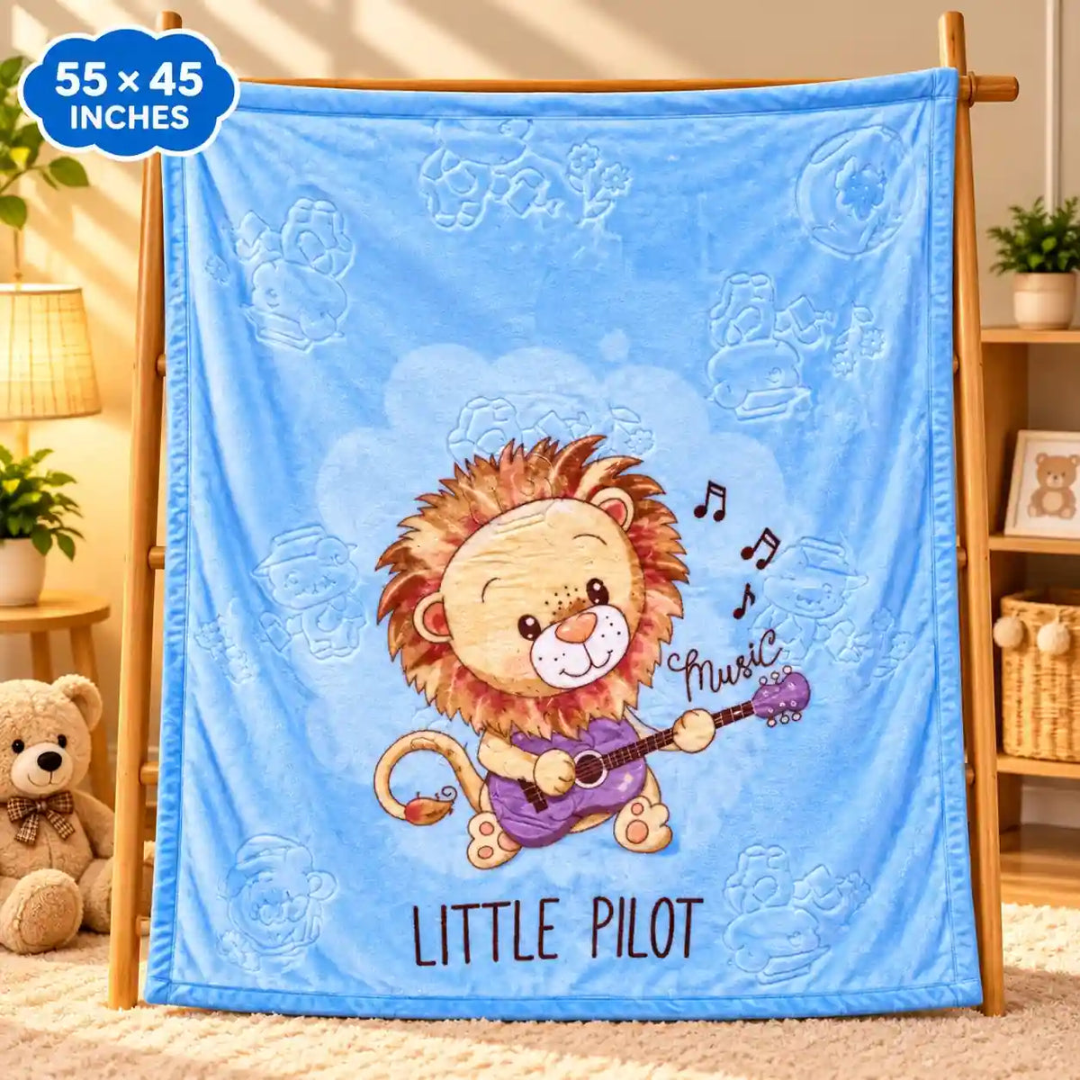 Double Ply Large Size Cute Lion Blue Baby Blanket 55 × 45 Inches