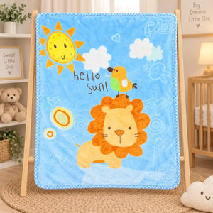 Sky blue baby blanket with cute lion and sun print for babies