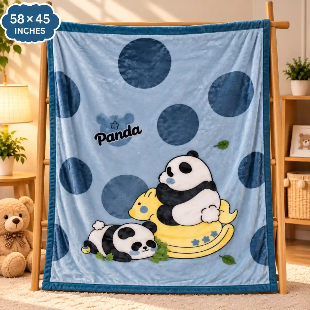 Double Ply Large Size Panda Baby Blanket Blue 58 × 45 Inches