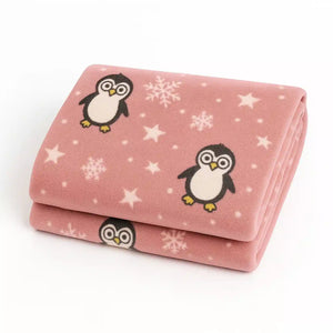 Pink fleece penguin and snowflake print baby wrapping blanket for newborns