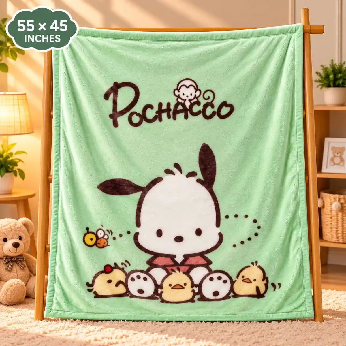 Double Ply Large Size Puppy and Chicks Green Baby Blanket 55 × 45 Inches