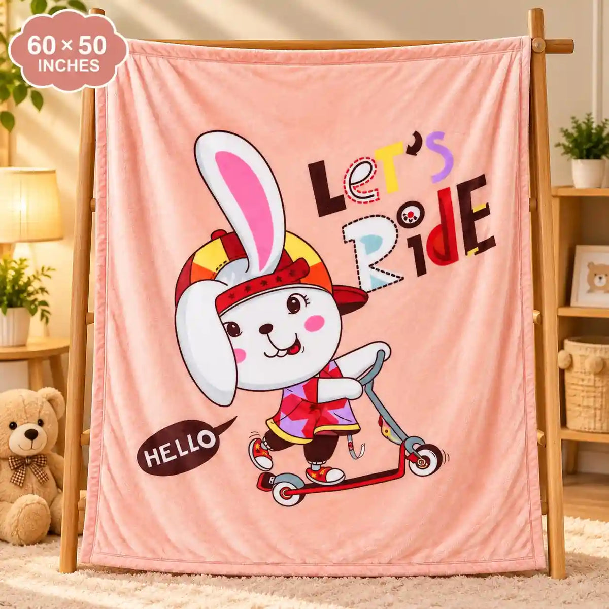 Double Ply Large Size Baby Blanket Bunny Ride Print 60 × 50 Inches