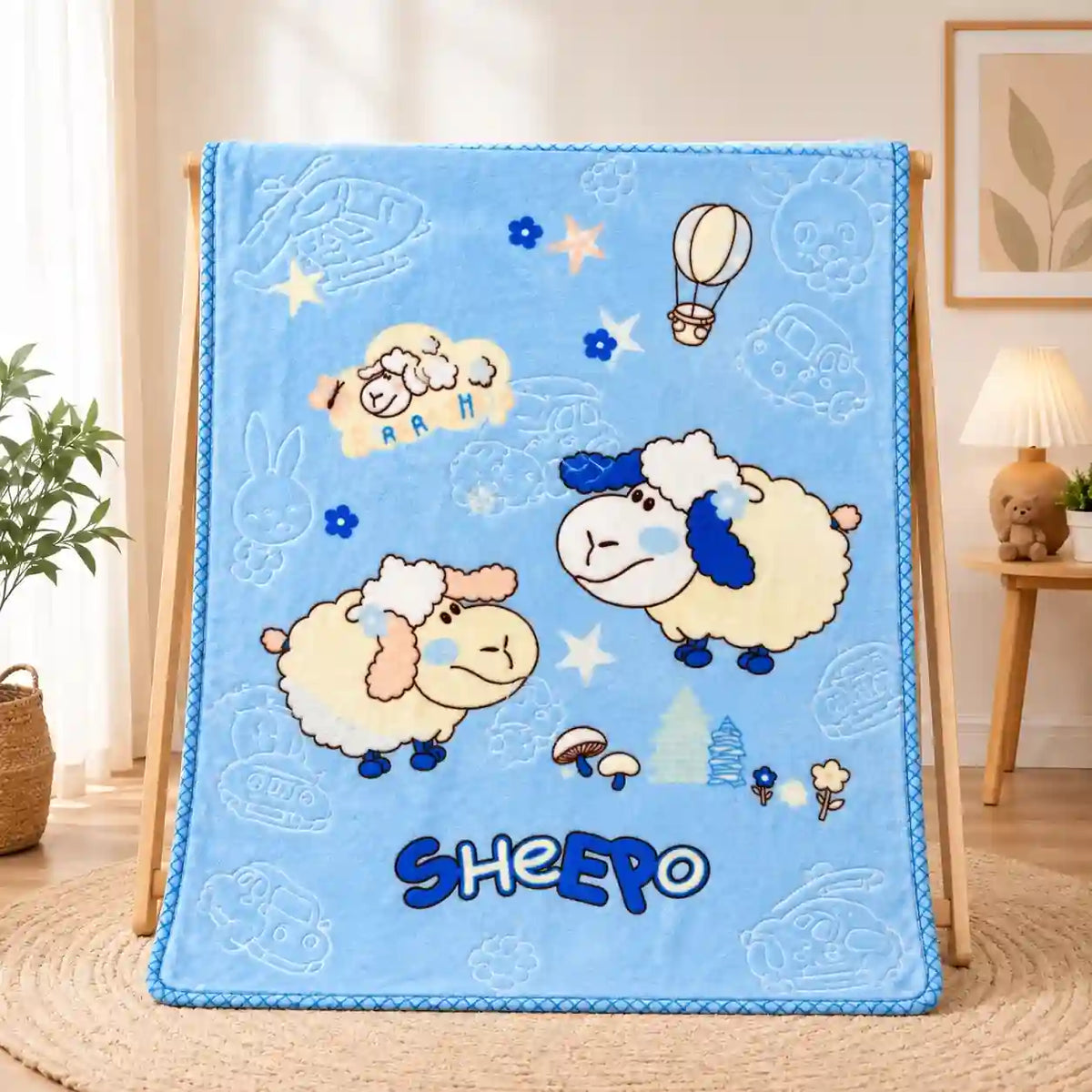 Sky blue baby blanket with cute sheep print for babies