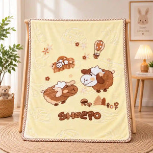 Yellow baby blanket with cute sheep print and soft plush design