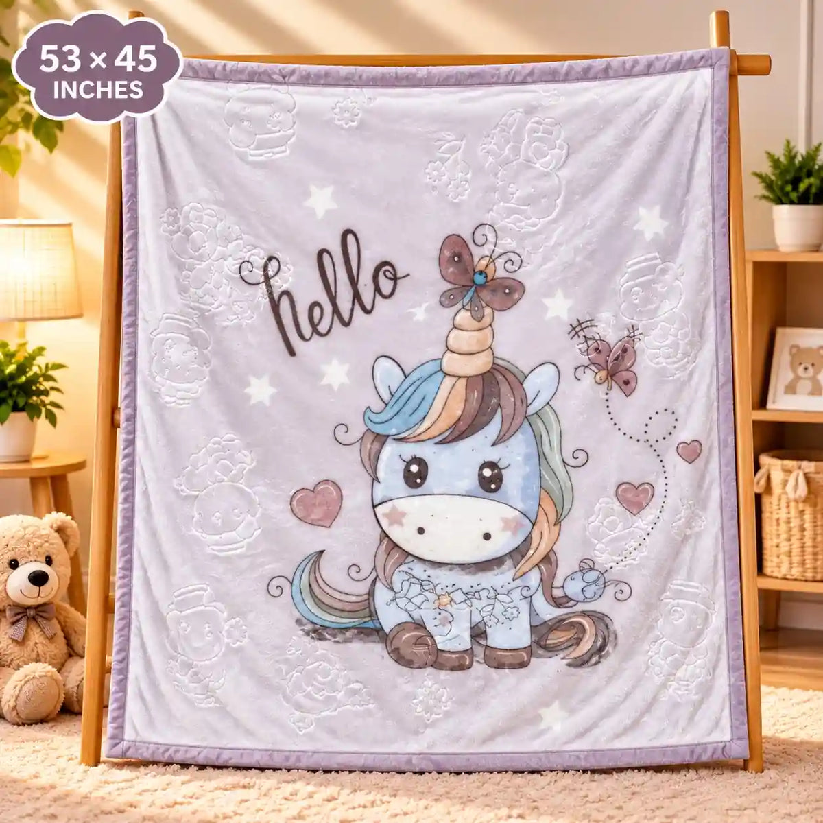 Double Ply Large Size Unicorn Baby Blanket 53 × 45 Inches Pastel Print