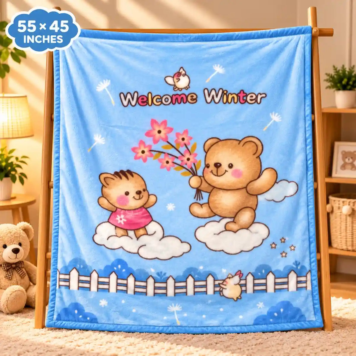 Double Ply Large Size Blue Teddy Bear Baby Blanket 55 × 45 Inches