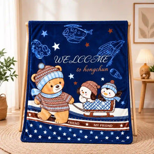 Navy blue baby blanket with winter teddy bear and snowman print