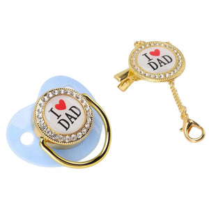 I Love Dad baby bling pacifier with rhinestone gold ring and clip