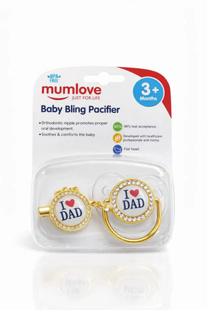 Baby bling pacifier I Love Dad with matching clip in packaging