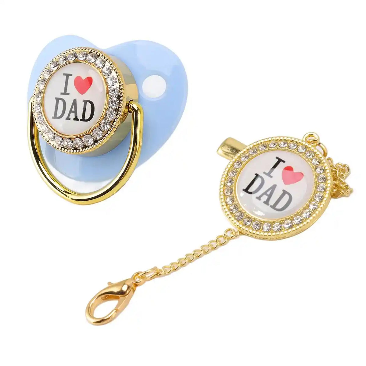 Blue I Love Dad baby bling pacifier with gold clip chain