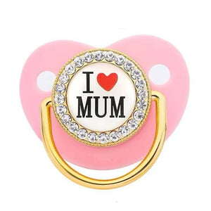 Pink I Love Mum baby bling pacifier with rhinestone gold ring