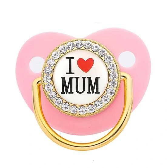 Pink I Love Mum baby bling pacifier with rhinestone gold ring