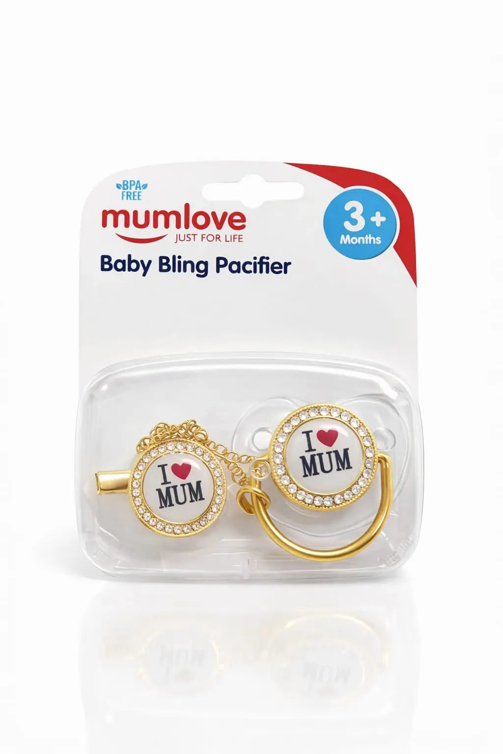 Baby bling pacifier I Love Mum with matching clip in packaging