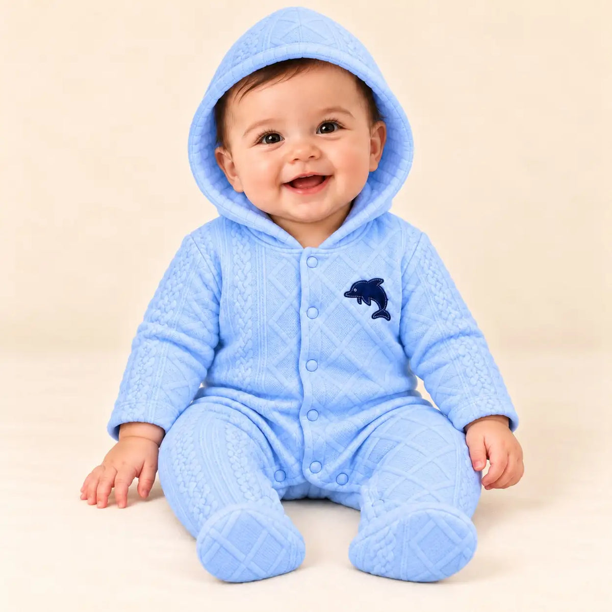 Baby wearing light blue hooded quilted winter romper with footies and dolphin applique in seated pose
