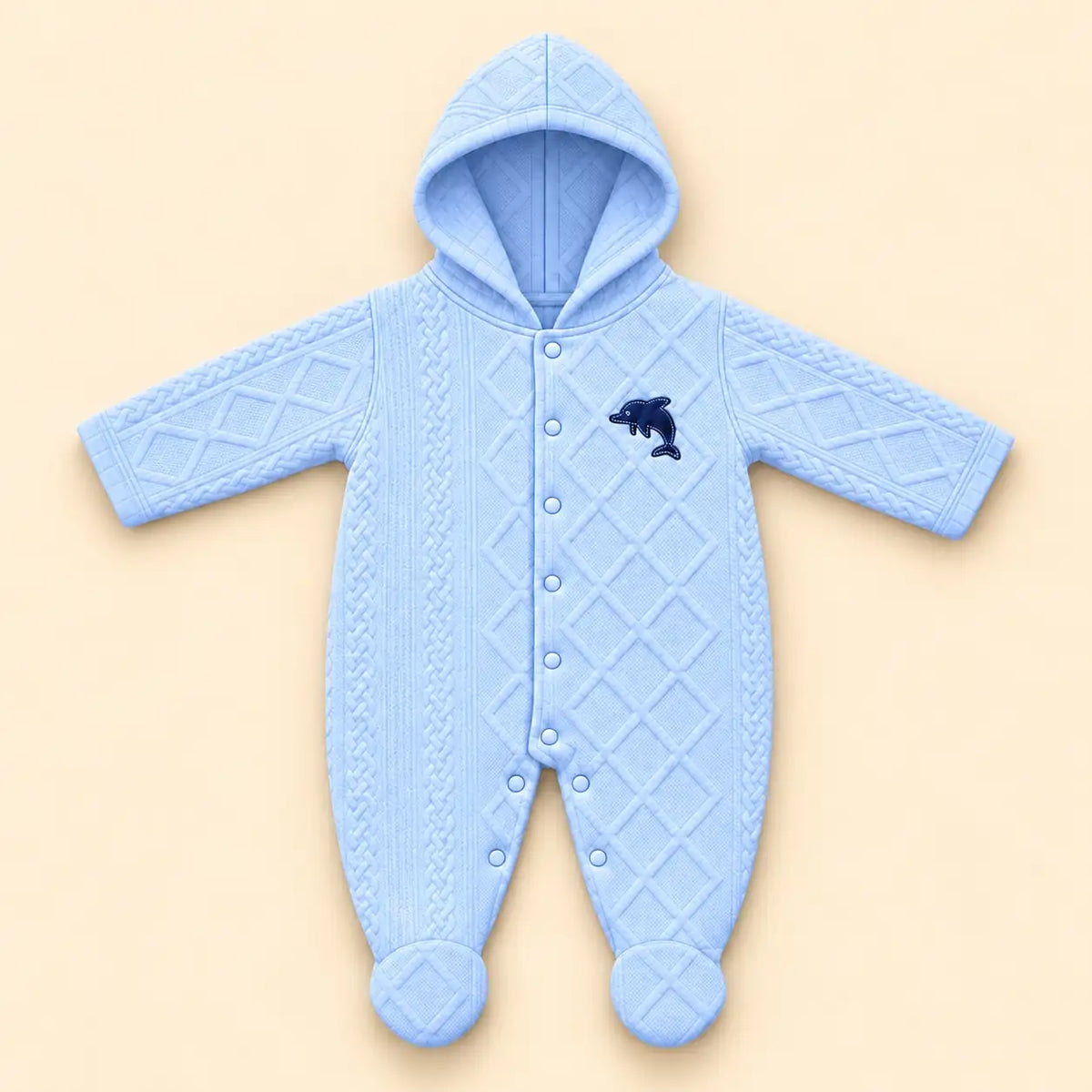 Light blue baby hooded quilted winter romper with attached footies, front snap buttons and dolphin applique
