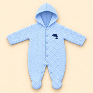 Light blue baby hooded quilted winter romper with attached footies, front snap buttons and dolphin applique