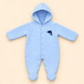 Light blue baby hooded winter romper with square quilted texture, front snap buttons, footies and dolphin applique